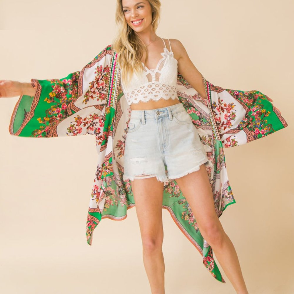 Flying Tomato Party for two boho Kimono size S/M green floral longline